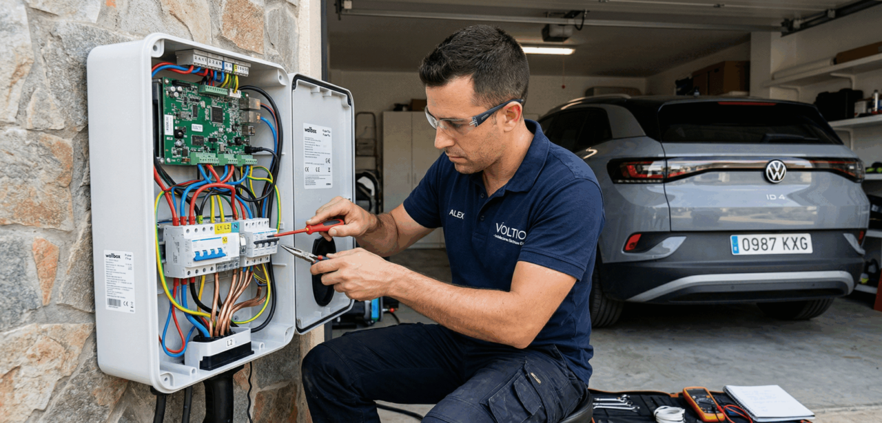 Instalador diagnosticando un cargador de coche eléctrico con el cuadro de protecciones abierto en un garaje