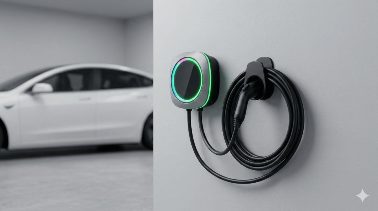 Cargador de coche eléctrico instalado en la pared de un garaje con el cable recogido y un coche al fondo