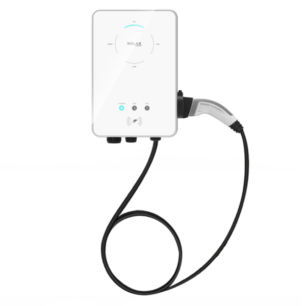 Cargador SolaX X3 G1 trifásico blanco con manguera Tipo 2 y carga solar