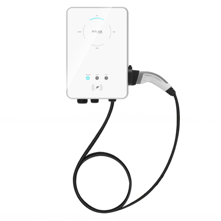 Cargador SolaX X3 G1 trifásico blanco con manguera Tipo 2 y carga solar