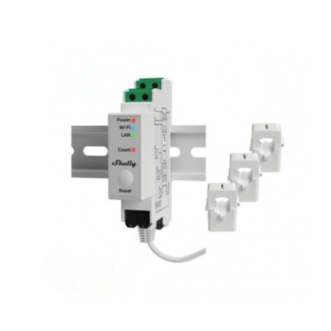 Shelly Pro 3EM 120 A medidor trifásico con tres pinzas amperimétricas